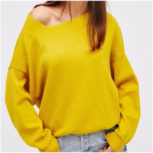 Free People Sweater Womens Medium Yellow Asymmetrical Neck Knit Pullover Boho